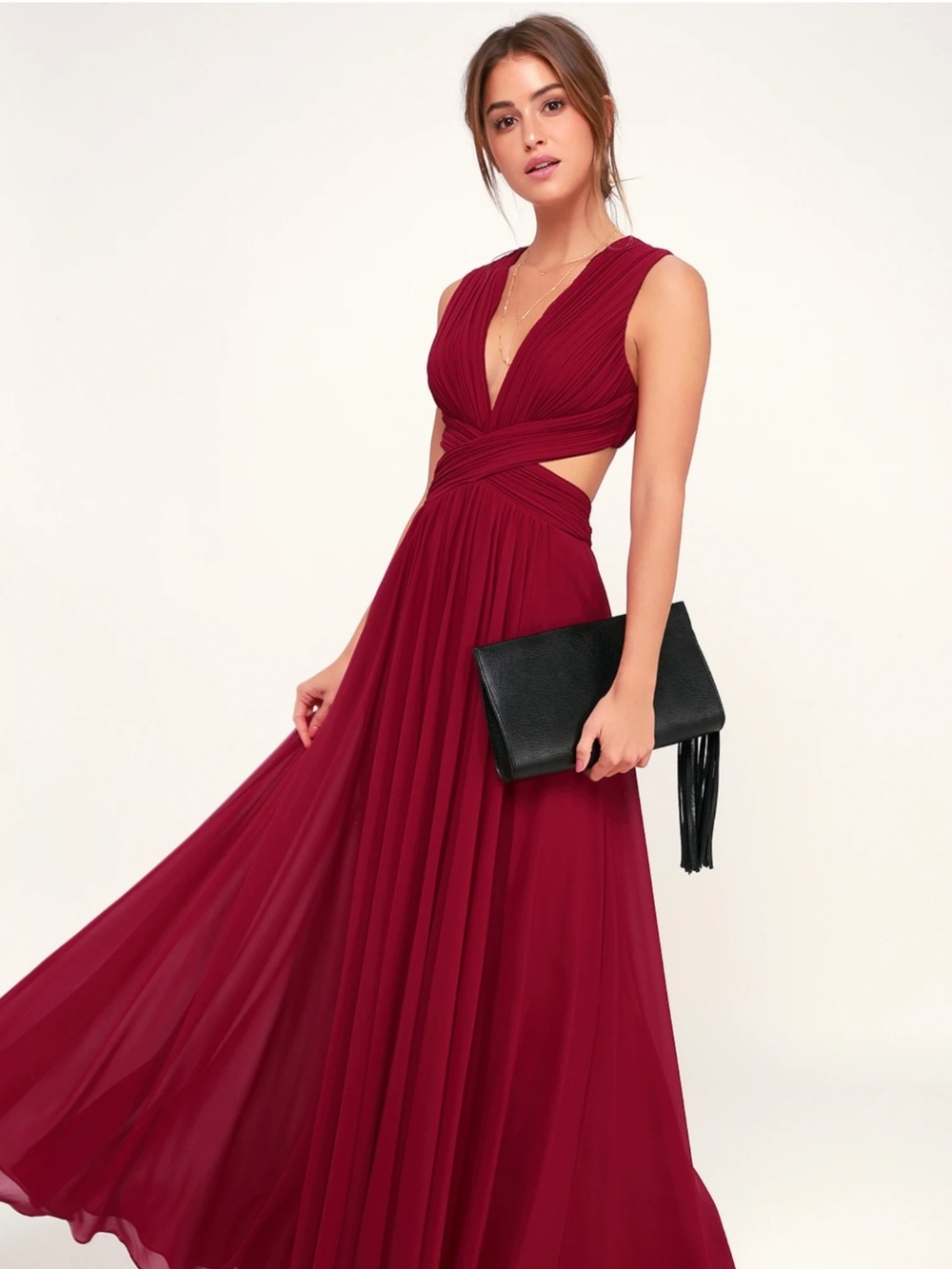 Lulu's Wine Red Backless Two-Piece Evening Gown
